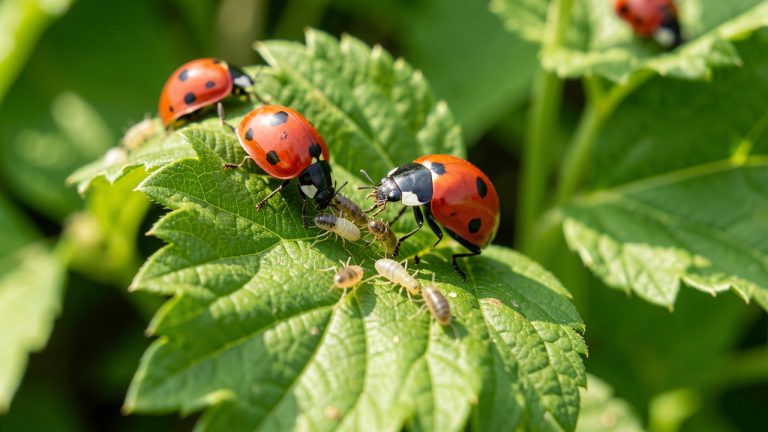 Coccinelles rouges à points noirs se nourrissant de pucerons sur des feuilles vertes dans un jardin.