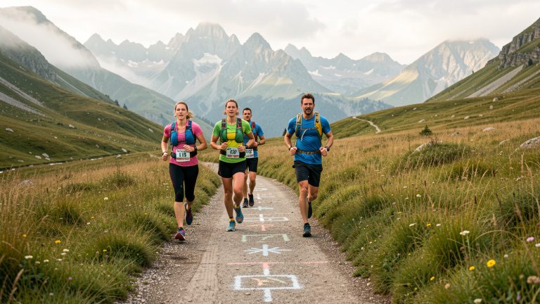 Quatre coureurs de trail avancent sur un sentier de montagne au milieu de prairies alpines préservées, baignés par la douce lumière du matin.