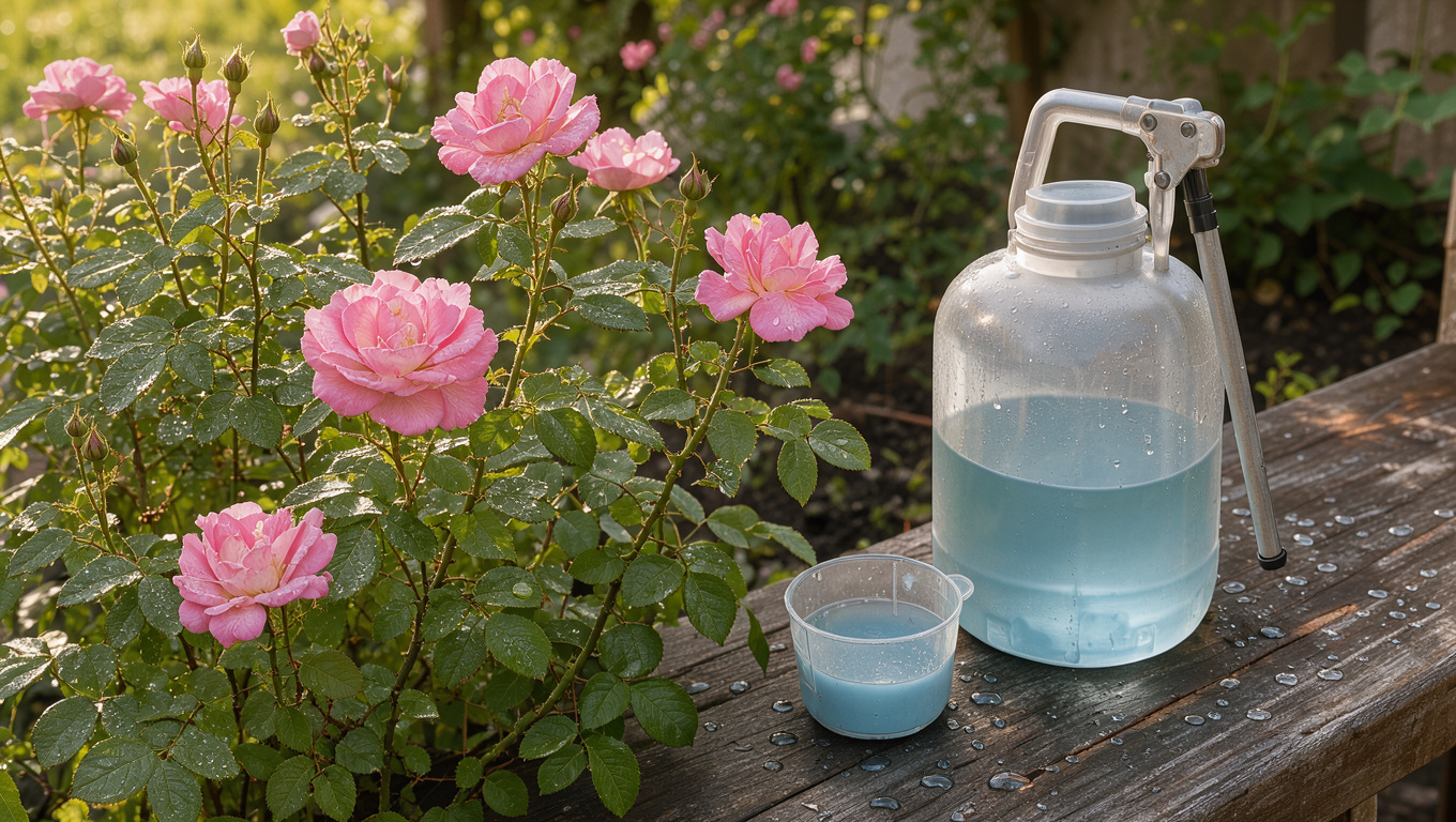 Rosier fleuri accompagné d’un pulvérisateur contenant une préparation bleu pâle et d’un doseur dans un jardin lumineux.