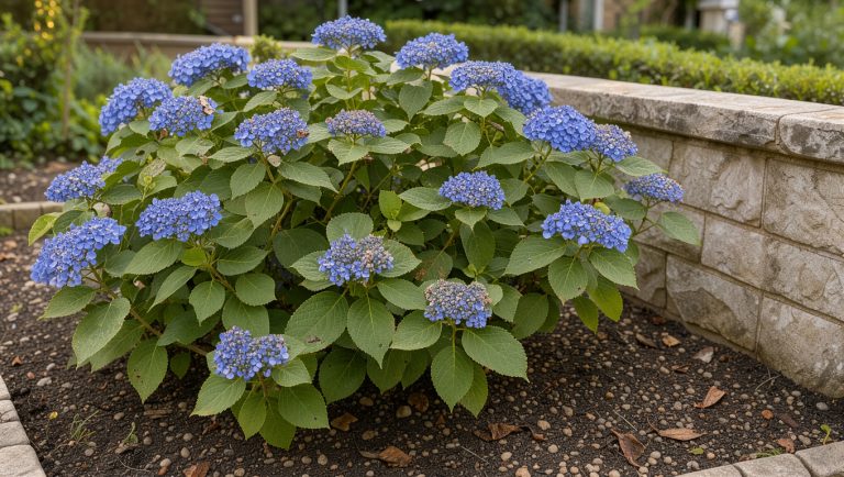 Hortensia bleu planté à une distance dégagée d’un mur en pierre dans un jardin.