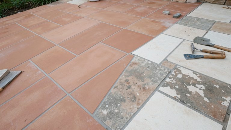 Gros plan d’une terrasse extérieure carrelée montrant des joints propres et durables, avec une partie récemment rénovée et des outils disposés à proximité.
