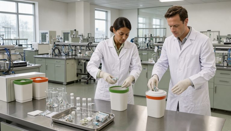 Laboratoire moderne et lumineux où une femme et un homme en blouse trient soigneusement différents déchets dans des contenants séparés, au milieu d’équipements sobres et d’un environnement organisé.