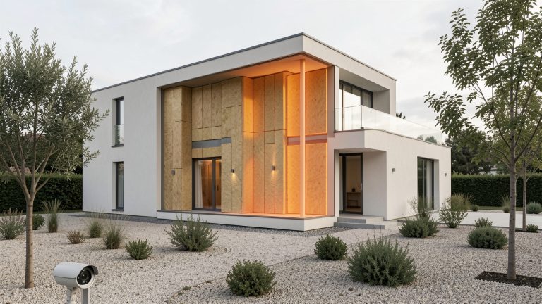 Maison individuelle moderne observée par une caméra thermique, avec isolation visible et jardin sobre éclairé par une lumière naturelle.