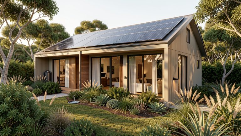 Maison écologique contemporaine entourée de végétation luxuriante, avec panneaux solaires, récupérateur d’eau et grandes fenêtres laissant entrer la lumière naturelle.