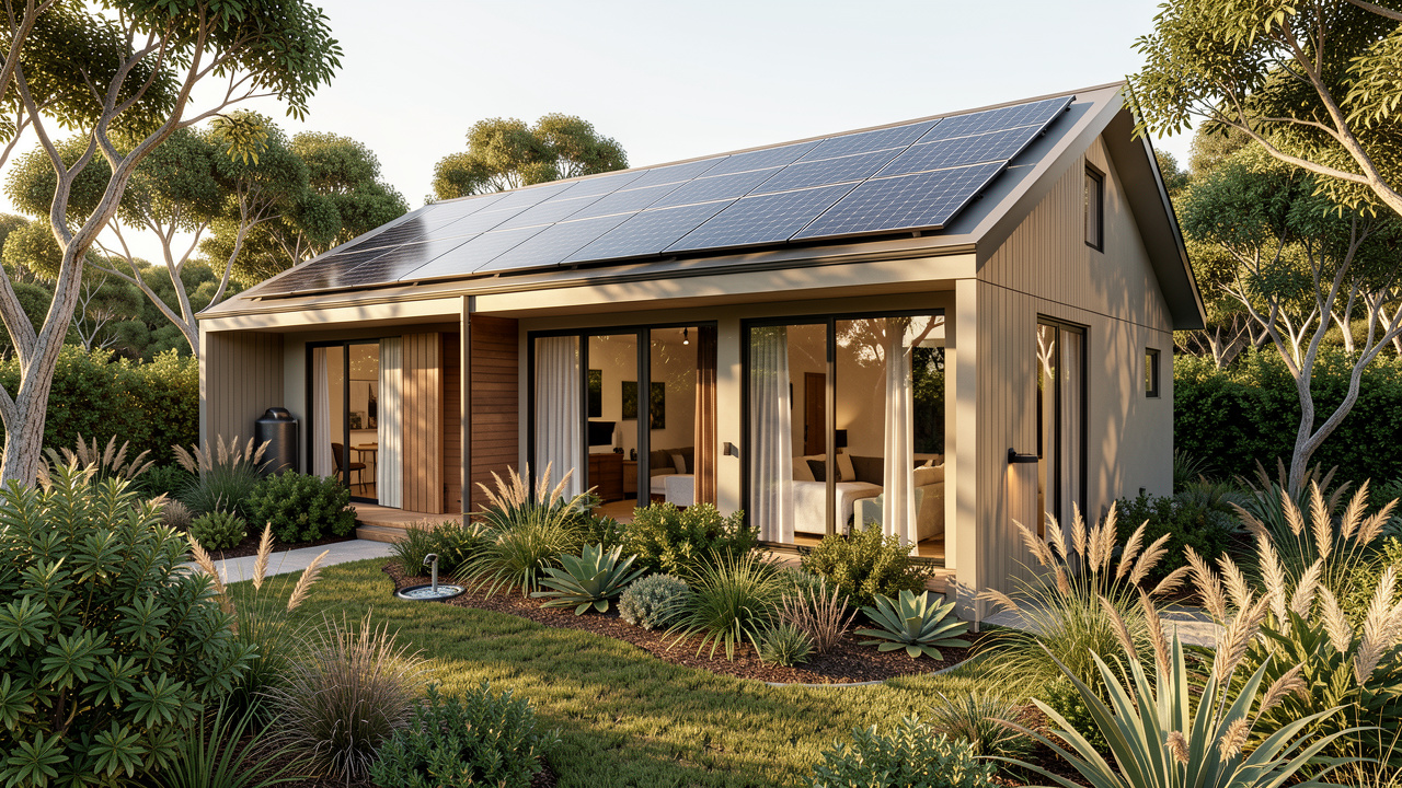 Maison écologique contemporaine entourée de végétation luxuriante, avec panneaux solaires, récupérateur d’eau et grandes fenêtres laissant entrer la lumière naturelle.