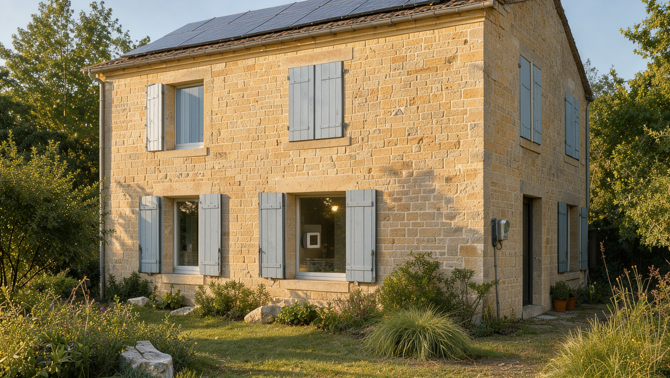 Maison girondine lumineuse entourée d’un jardin verdoyant, avec toiture solaire discrète, compteur électrique extérieur et thermostat connecté visible à l’intérieur.