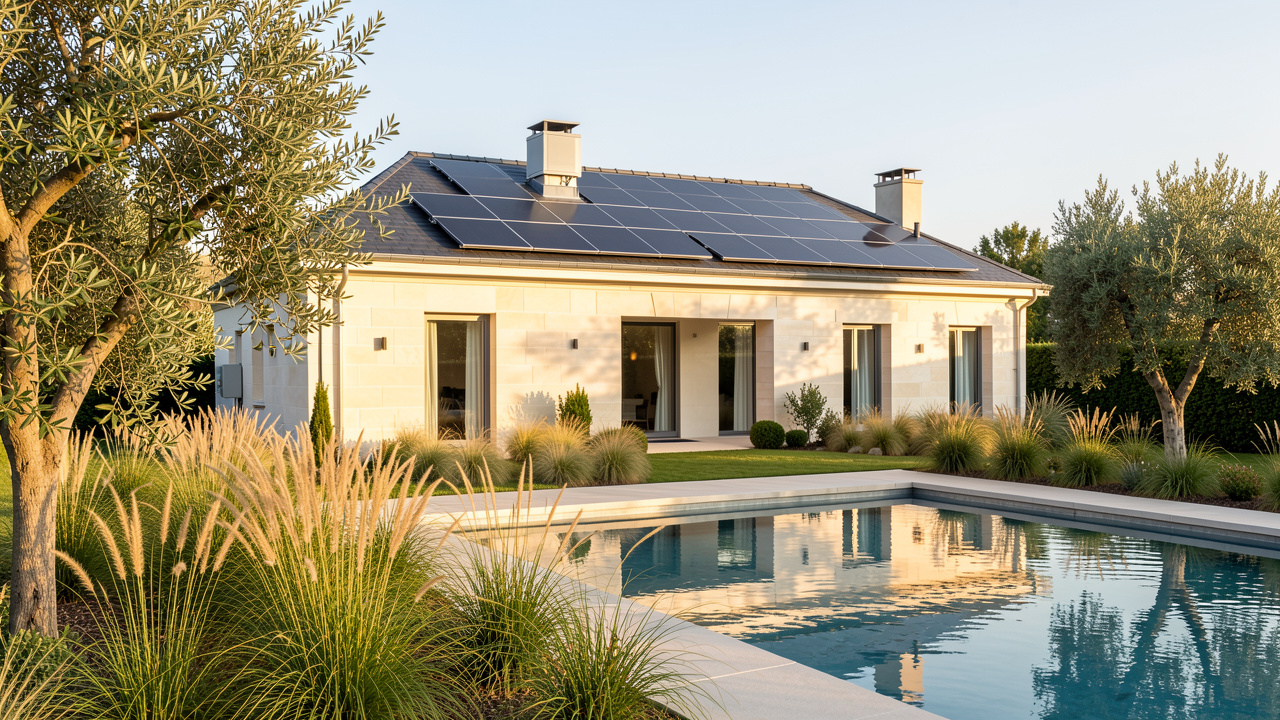 Maison girondine contemporaine en pierre claire, équipée de panneaux solaires sur la toiture et entourée d’un jardin lumineux soigneusement aménagé.