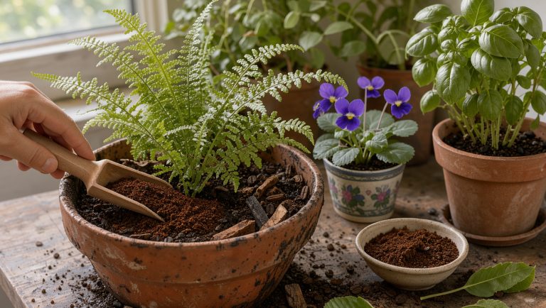 Marc de café mélangé à la terre autour de plantes en pot, notamment une fougère, du basilic et une violette fleurie.