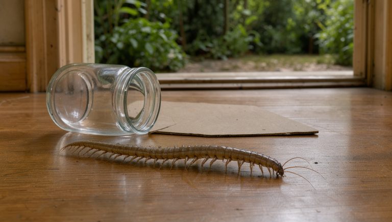 Un millepatte se déplace sur un sol intérieur près d’une porte ouverte donnant sur un jardin, avec un bocal et un morceau de carton pour le déplacer sans insecticide.