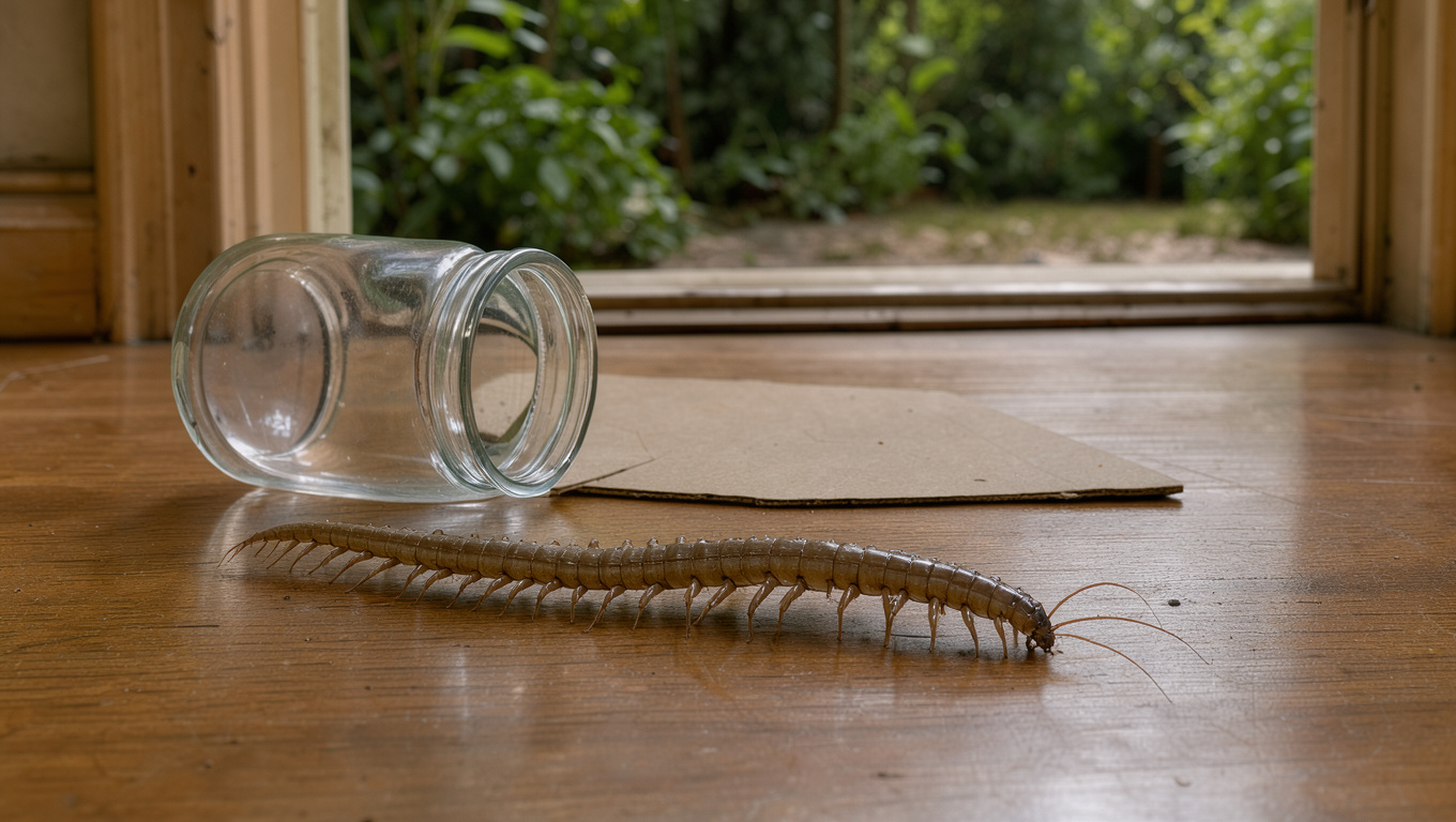 Un millepatte se déplace sur un sol intérieur près d’une porte ouverte donnant sur un jardin, avec un bocal et un morceau de carton pour le déplacer sans insecticide.