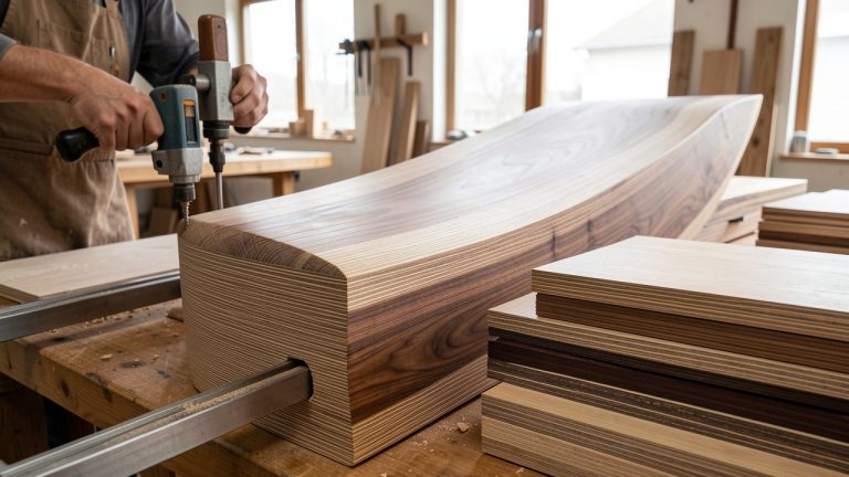 Panneau de meuble courbé en placage de bois naturel, entouré de feuilles de bois aux teintes de noyer, de chêne et d'érable dans un atelier contemporain.