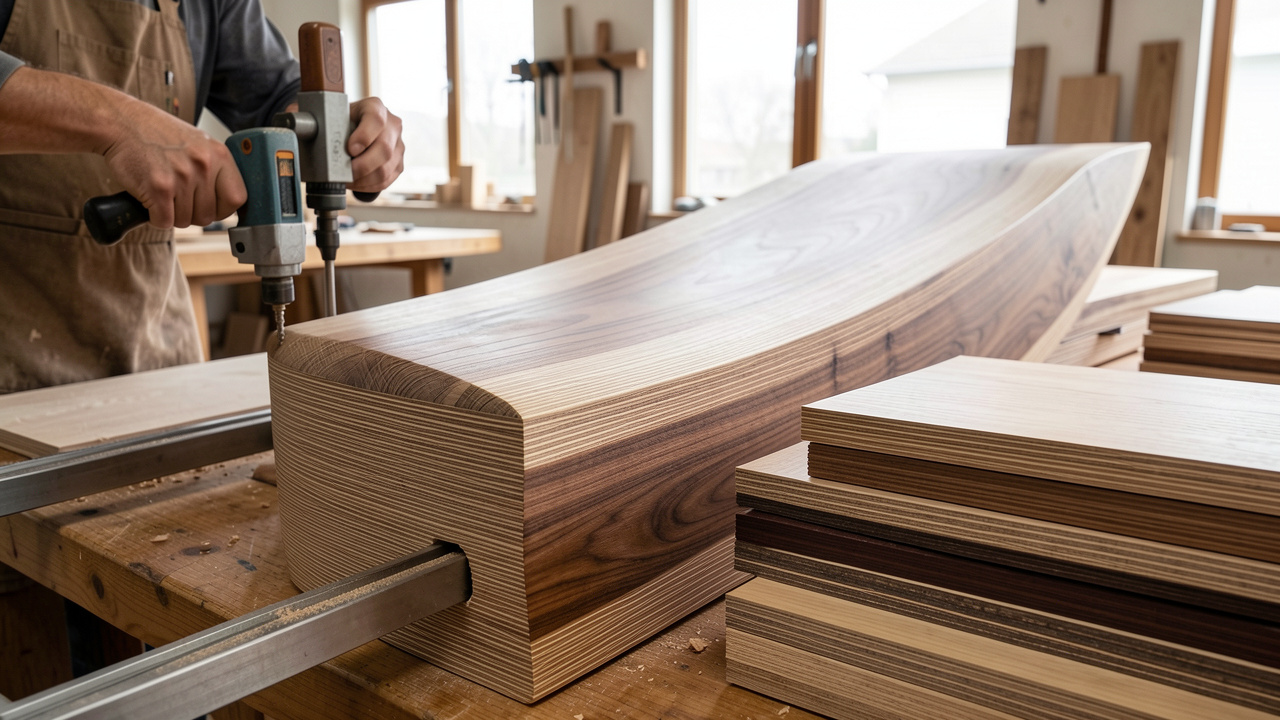 Panneau de meuble courbé en placage de bois naturel, entouré de feuilles de bois aux teintes de noyer, de chêne et d'érable dans un atelier contemporain.