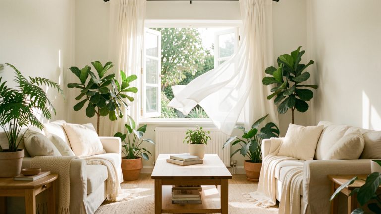 Salon lumineux et sain avec une fenêtre entrouverte, des plantes vertes, des meubles en bois et une ambiance écologique douce.