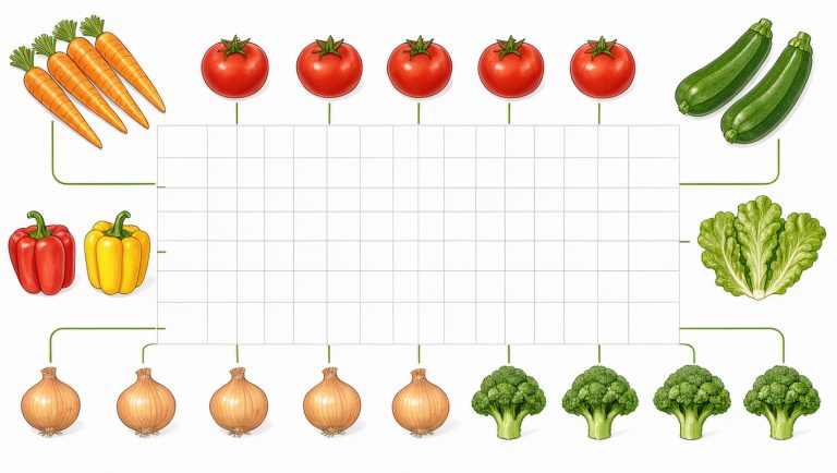 Tableau visuel imprimable présentant des légumes colorés organisés en rangées autour d’une grille vide pour illustrer leurs associations.