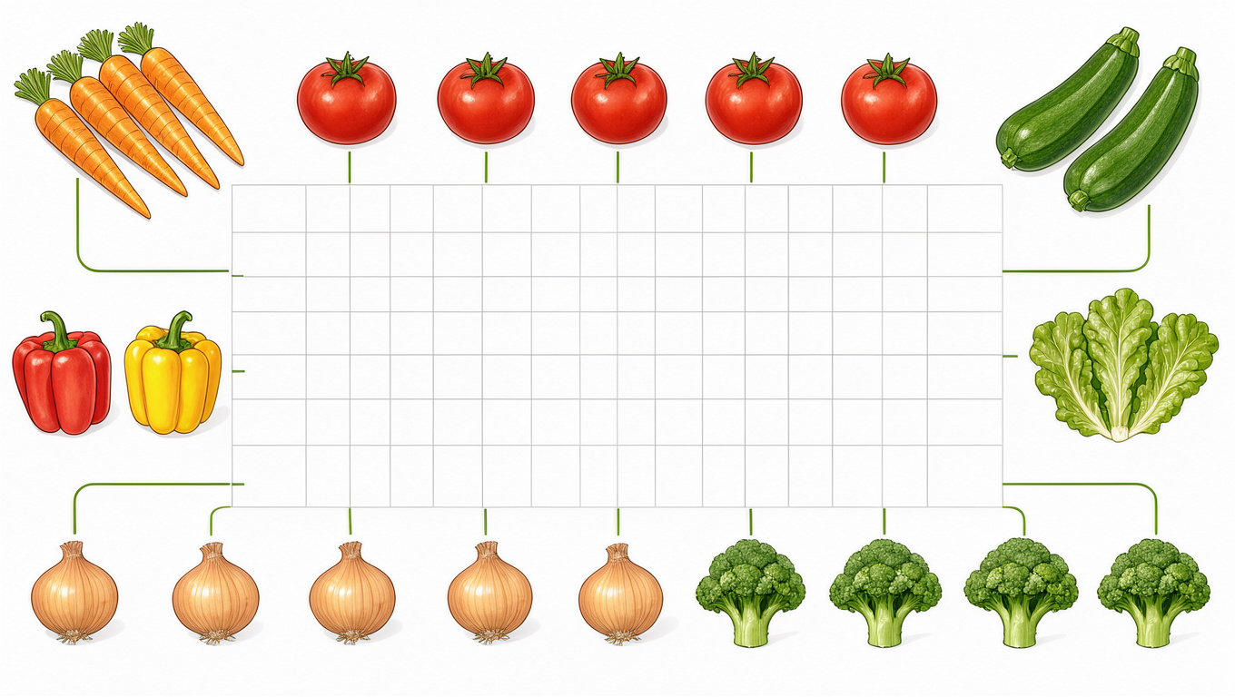 Tableau visuel imprimable présentant des légumes colorés organisés en rangées autour d’une grille vide pour illustrer leurs associations.