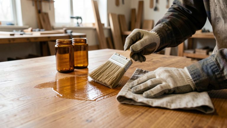 Atelier de menuiserie lumineux où des mains gantées appliquent soigneusement une finition sur une surface en bois, avec deux contenants en verre ambré et un chiffon à proximité.
