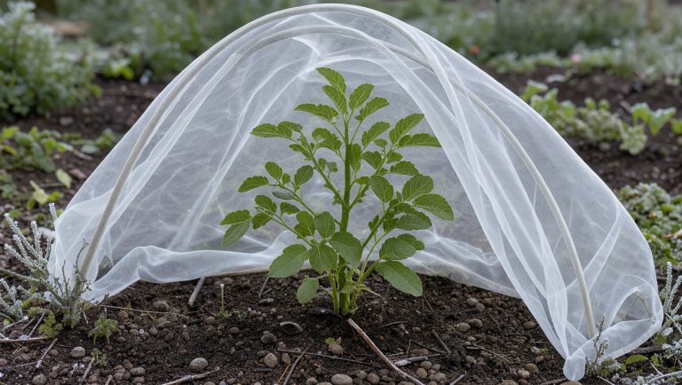 Jeune plante de jardin protégée par un voile d’hivernage blanc et translucide, laissant passer l’air et la lumière.