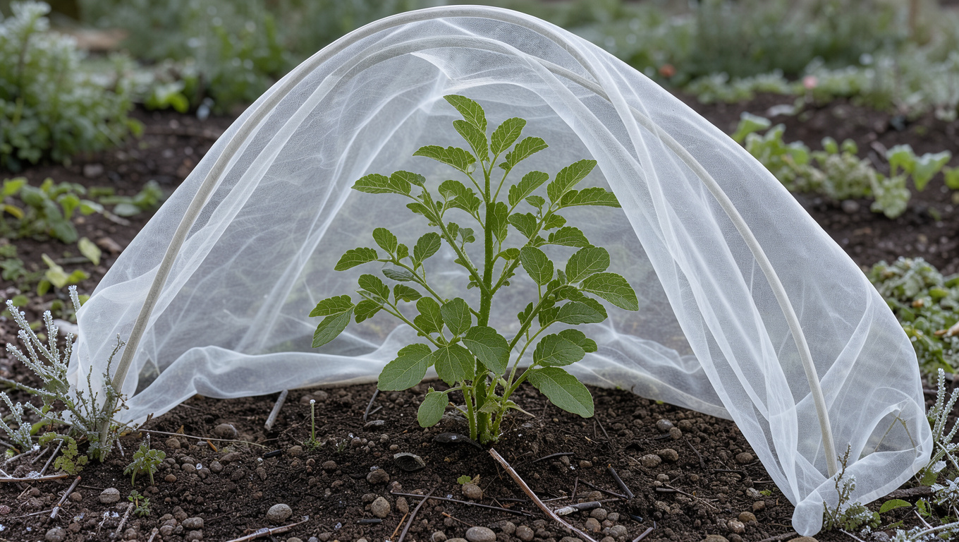 Jeune plante de jardin protégée par un voile d’hivernage blanc et translucide, laissant passer l’air et la lumière.